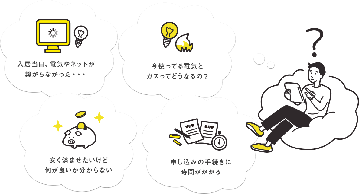 入居当日、電気やネットが繋がらなかった・・・ 安く済ませたいけど何が良いか分からない 今使ってる電気とガスってどうなるの？　申し込みの手続きに時間がかかる